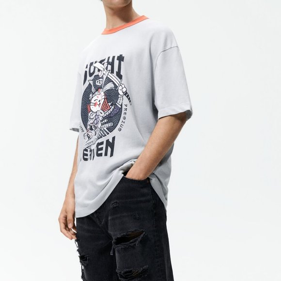 ZARA Men's SUSHI Print Knit Tee MEDIUM Samurai CAT T-SHIRT Grey Sword Cotton - Picture 7 of 8